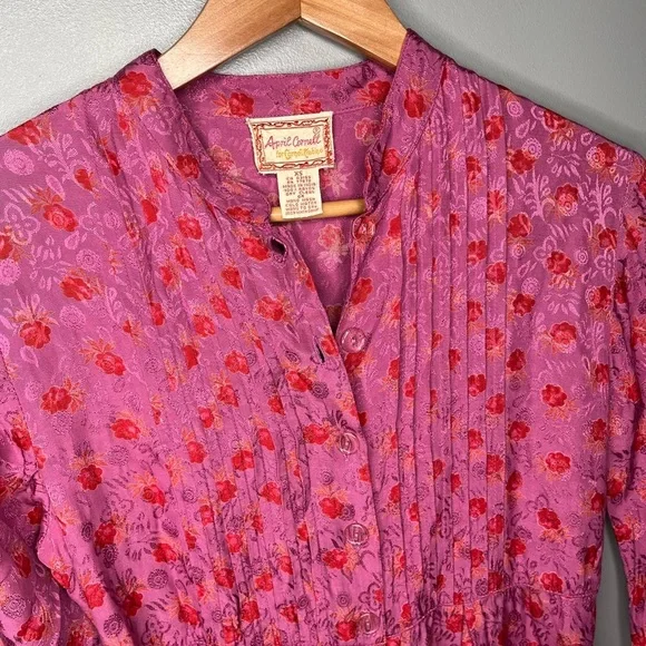 April Cornell x Vintage 90s Berry Floral Satin Prairie Button Midi Dress - Picture 4 of 10